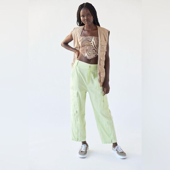 Urban Outfitters Linen Blend Myla High Rise Straight Leg Cargo Pants Lime Green - Picture 11 of 14